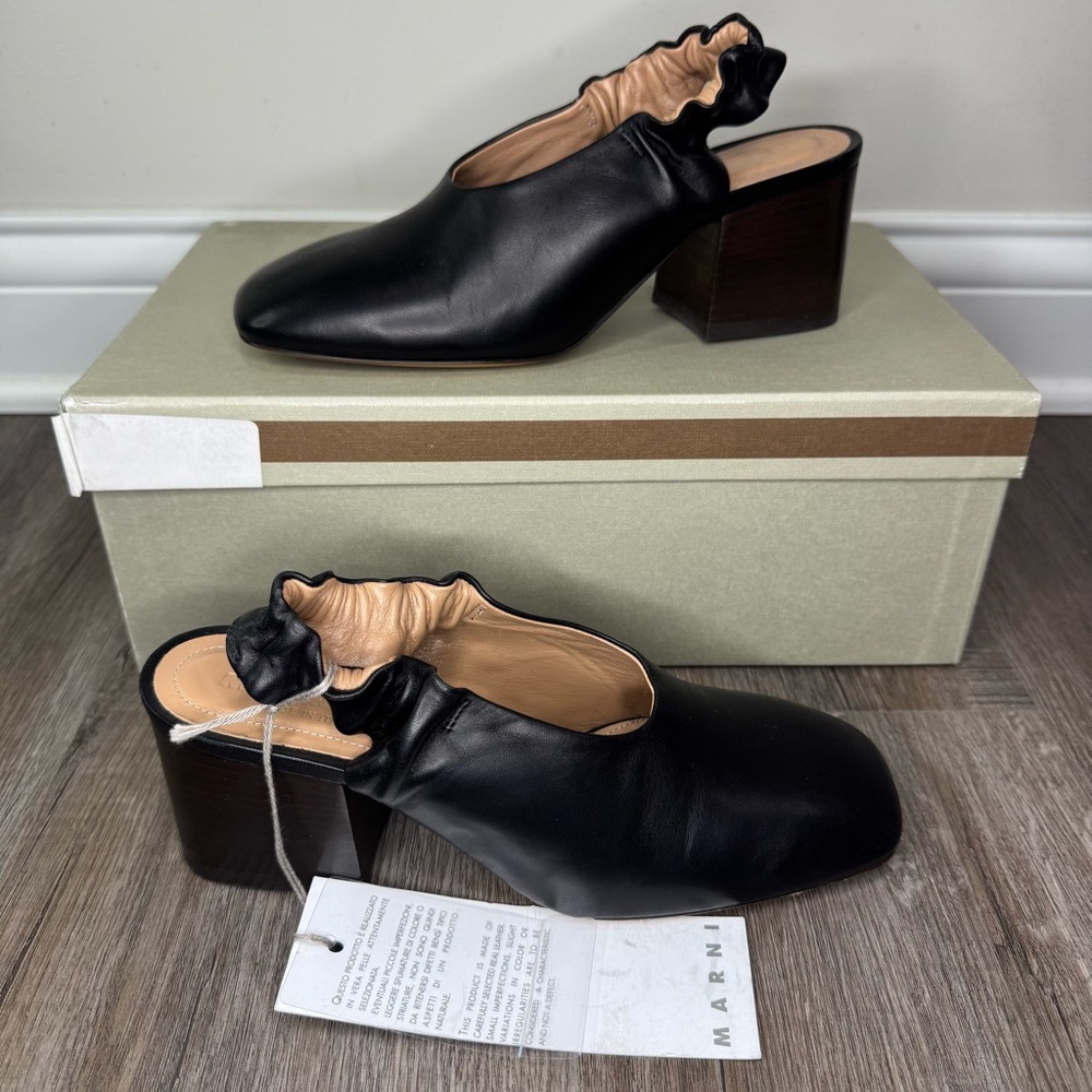 Marni Square Toe Slingback Elastic Easy Black Leather Mules Heels